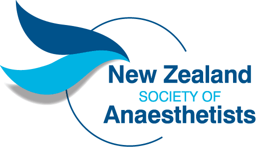 Logo of the New Zealand Society of Anaesthetists, featuring two stylized overlapping blue koru shapes forming a circular motion, with the organization’s name in blue text to the right.