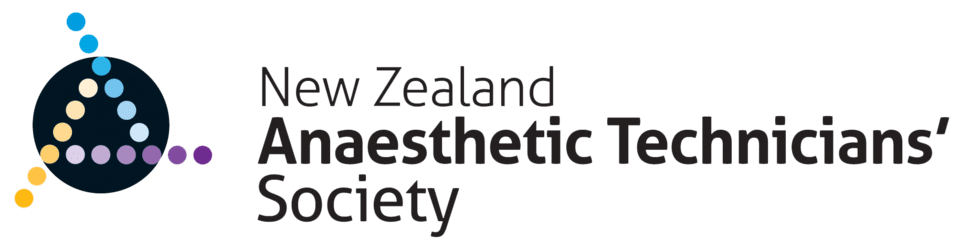 Logo of the New Zealand Anaesthetic Technicians’ Society, featuring a dark circular emblem with multicolored dots forming a stylized triangular design, alongside the society’s name in black and grey text.