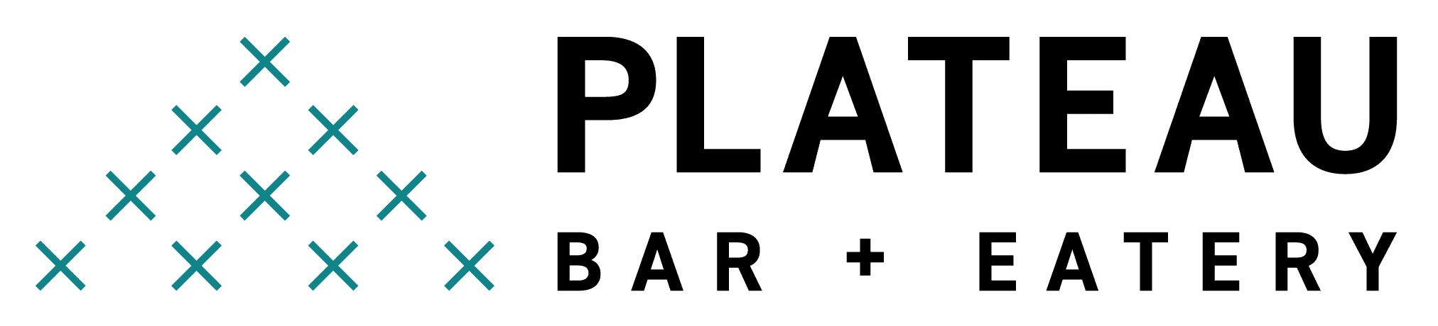 Plateau Bar + Eatery logo featuring a stylized triangle made of teal Xs to the left of the text