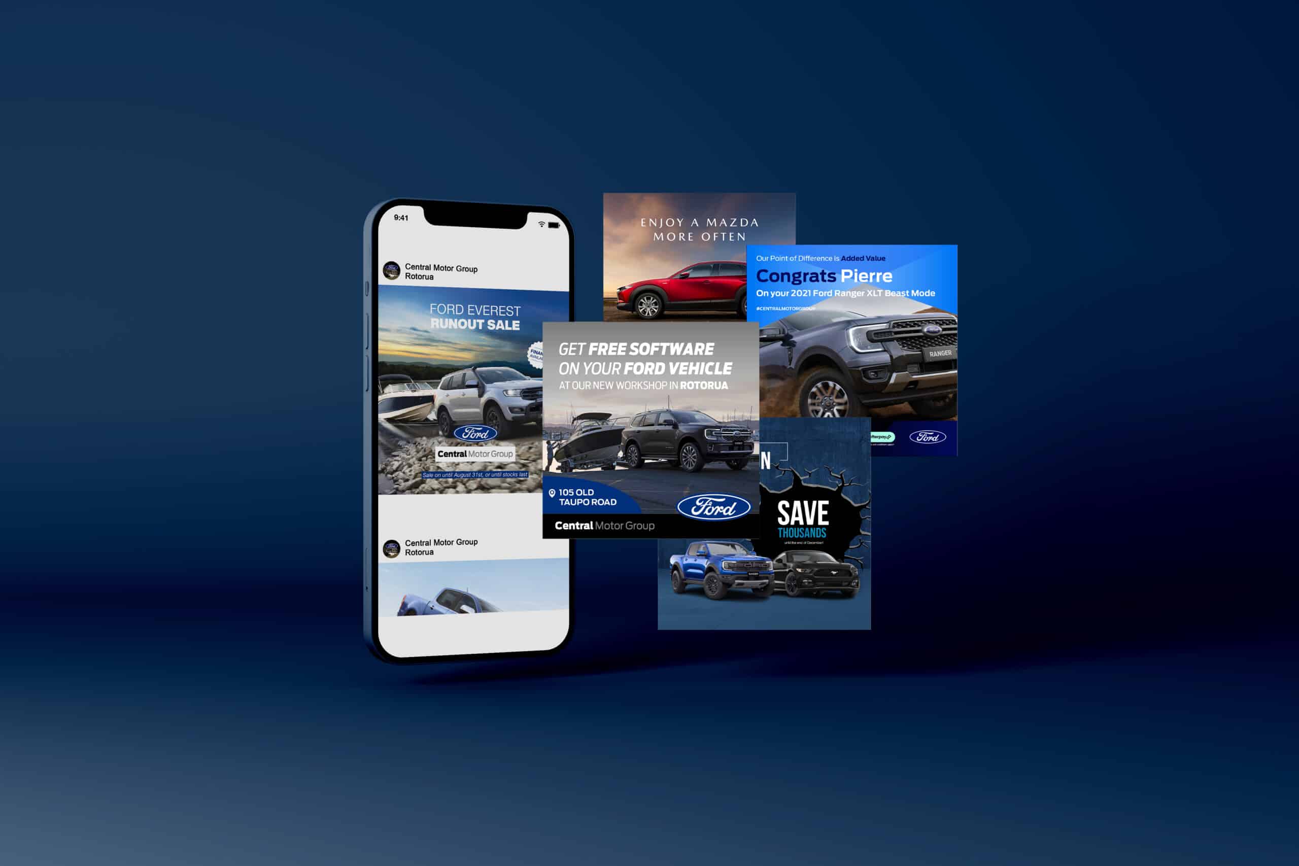 A smartphone mockup displaying multiple Facebook ad creatives for Central Motor Group, featuring various Ford and Mazda vehicles, promotional offers, and event announcements, set against a dark blue gradient background.