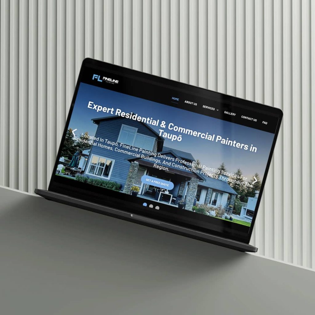 Laptop displaying the FineLine Painting website homepage, featuring a large banner image of a modern house with the headline “Expert Residential & Commercial Painters in Taupō,” navigation menu at the top, and a prominent “Get a Free Quote” button.