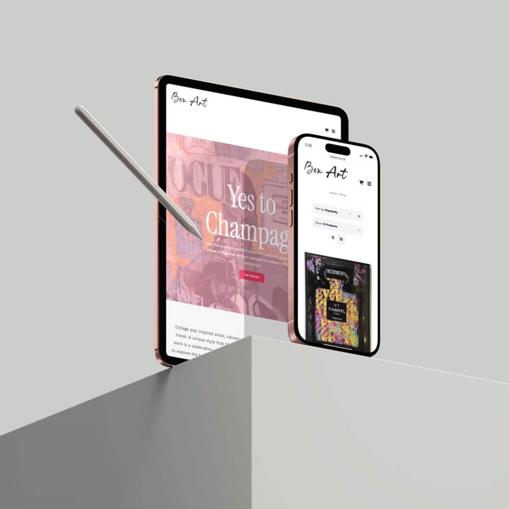 Digital mockup showcasing the Bex Art website displayed on a tablet and smartphone. The tablet screen features a colorful art-themed homepage with the text 'Yes to Champagne' alongside a stylus pen, while the smartphone displays the online shop page with an image of a Chanel-inspired art piece. Both devices are presented against a minimalist grey background with a modern, angled surface.