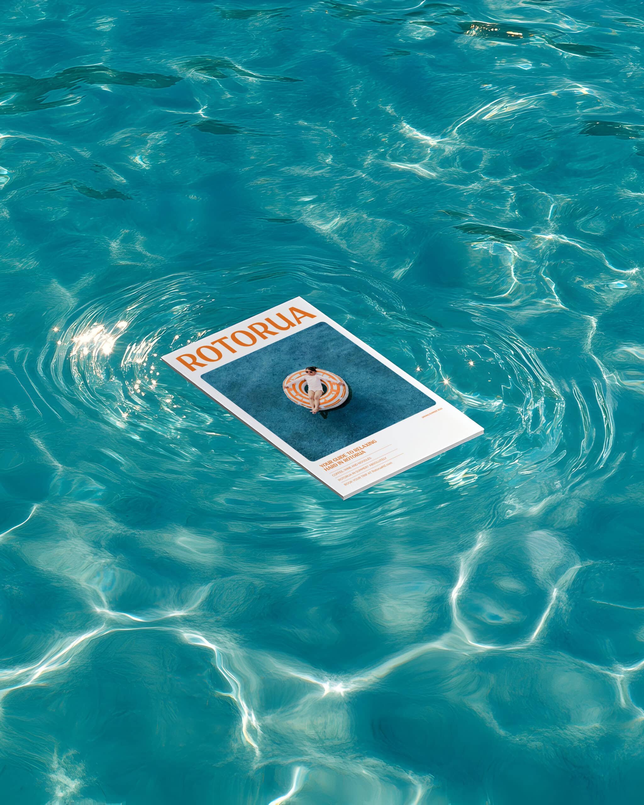A Rotorua travel magazine floating on the surface of a bright blue swimming pool. The magazine cover features bold orange text 'ROTORUA' and a photo of a person relaxing on an orange-and-white inflatable ring in a pool