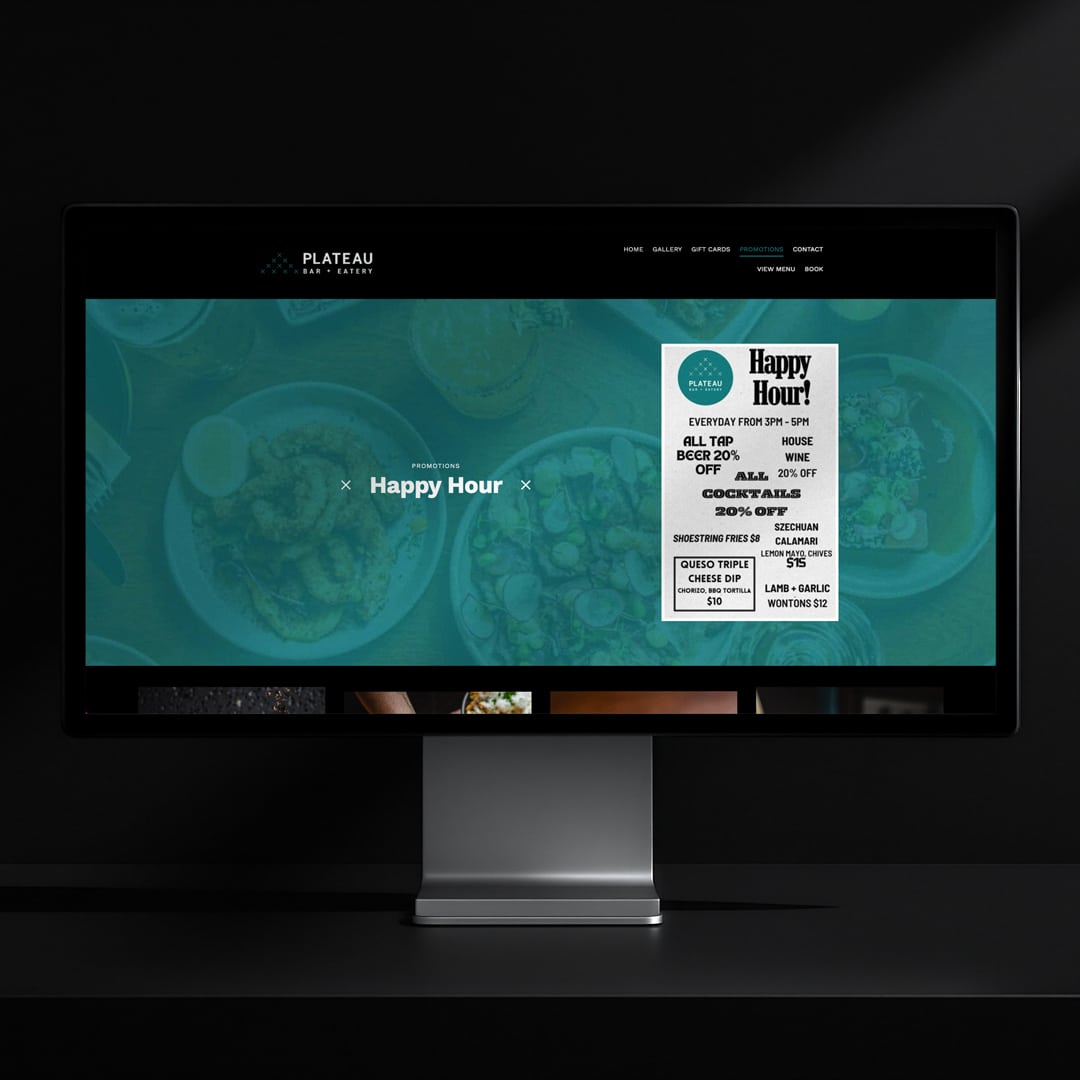 Desktop screen showing Plateau Bar + Eatery website Happy Hour promotion with discounted drinks and food specials.