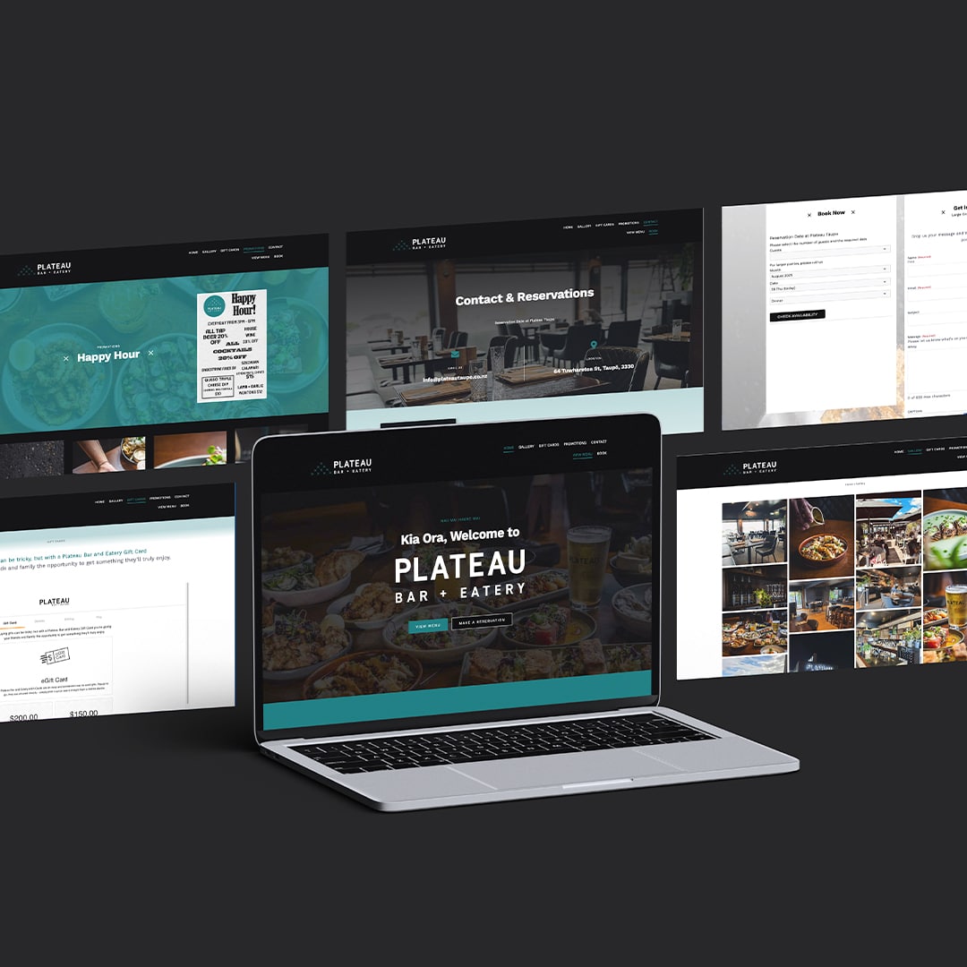 Laptop and multiple screen views showcasing Plateau Bar + Eatery website pages including homepage, gallery, contact, gift cards, and promotions.