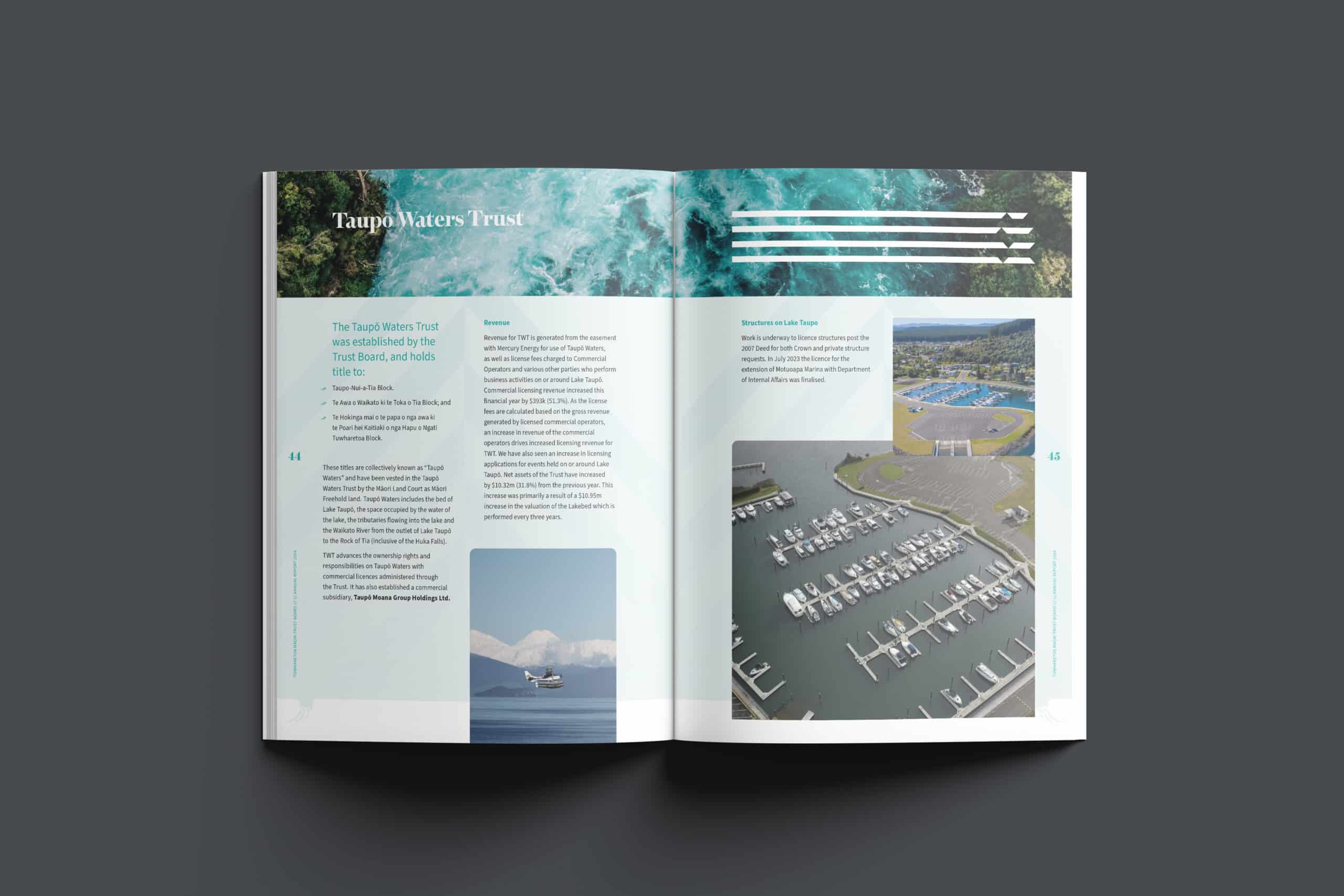 Open magazine spread displaying the Taupō Waters Trust section. The left page features an aerial view of a river or lake at the top, text describing the trust’s purpose and revenue sources, and a small image of a seaplane over Lake Taupō. The right page contains more text about structures on Lake Taupō, with two aerial photographs—one of a marina filled with boats and another of the marina area and surrounding landscape.