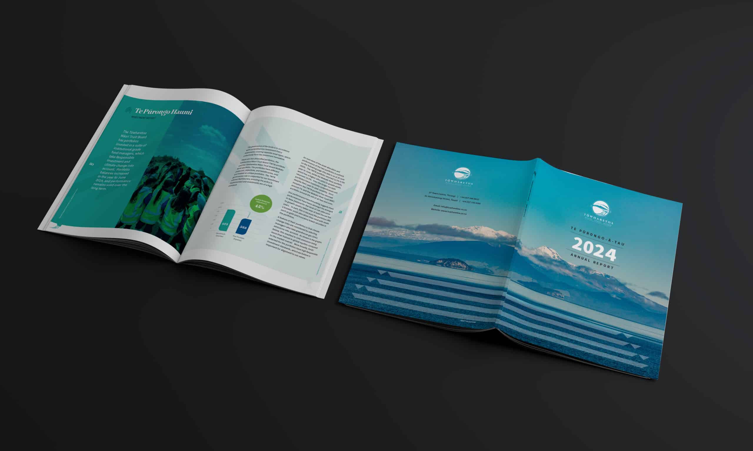 Two annual reports are displayed on a dark surface. The report on the left is open to a spread with a teal left page titled "Te Pūrongorongo Haumi" featuring a group of people wearing high-visibility vests and text about the topic, while the right page contains paragraphs of text and two circular infographics. The report on the right is closed, showing the front cover of the "2024 Annual Report" for Tūwharetoa, with a scenic image of a snow-capped mountain above a blue lake, accompanied by the organization's logo.