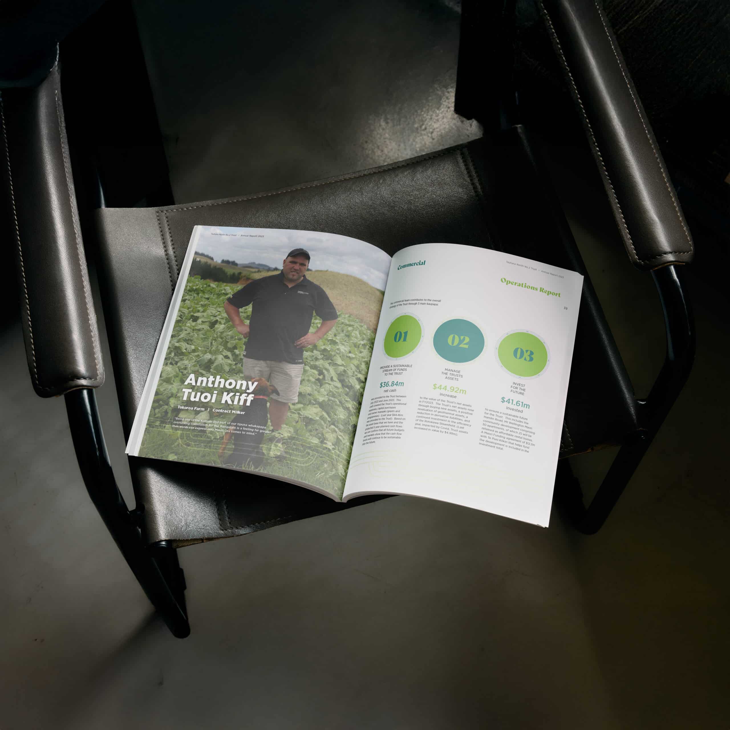 Open annual report resting on a leather chair, featuring a full-page photo of Anthony Tuoi Kiff standing in a green crop field on the left page, and a commercial operations report on the right page with three circular infographic sections highlighting key financial figures and descriptions.