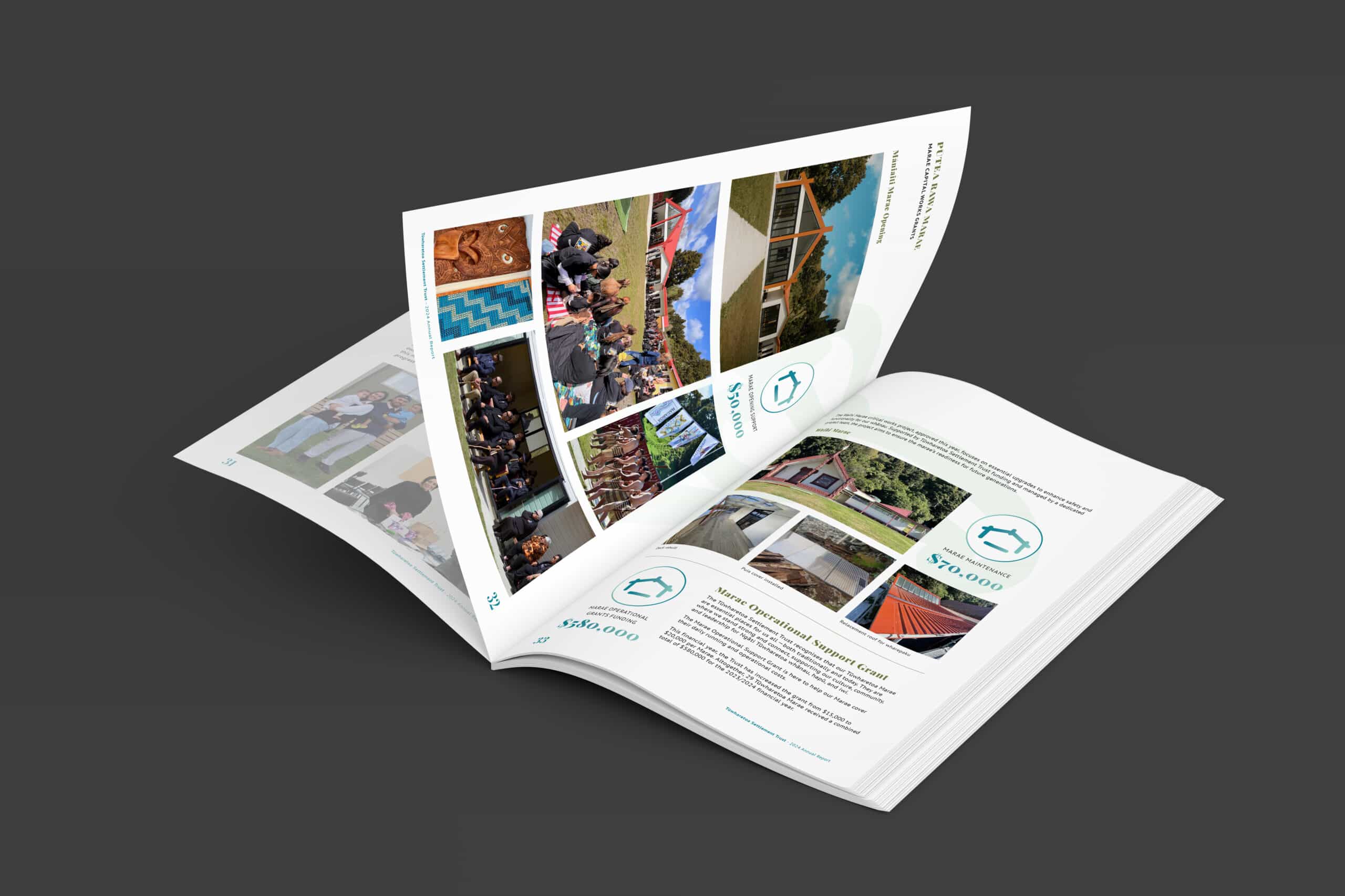 Open annual report on a dark background, showing a double-page spread with photos of community events, buildings, and financial highlights, including funding amounts and project descriptions.